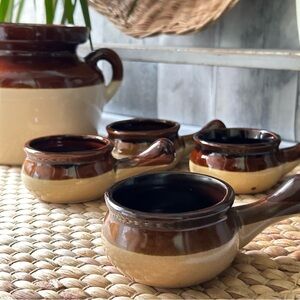 🌴Awesome Little Mini Stoneware Soup Crocks 2 Tone Brown & Tan Glazed w/ Handle